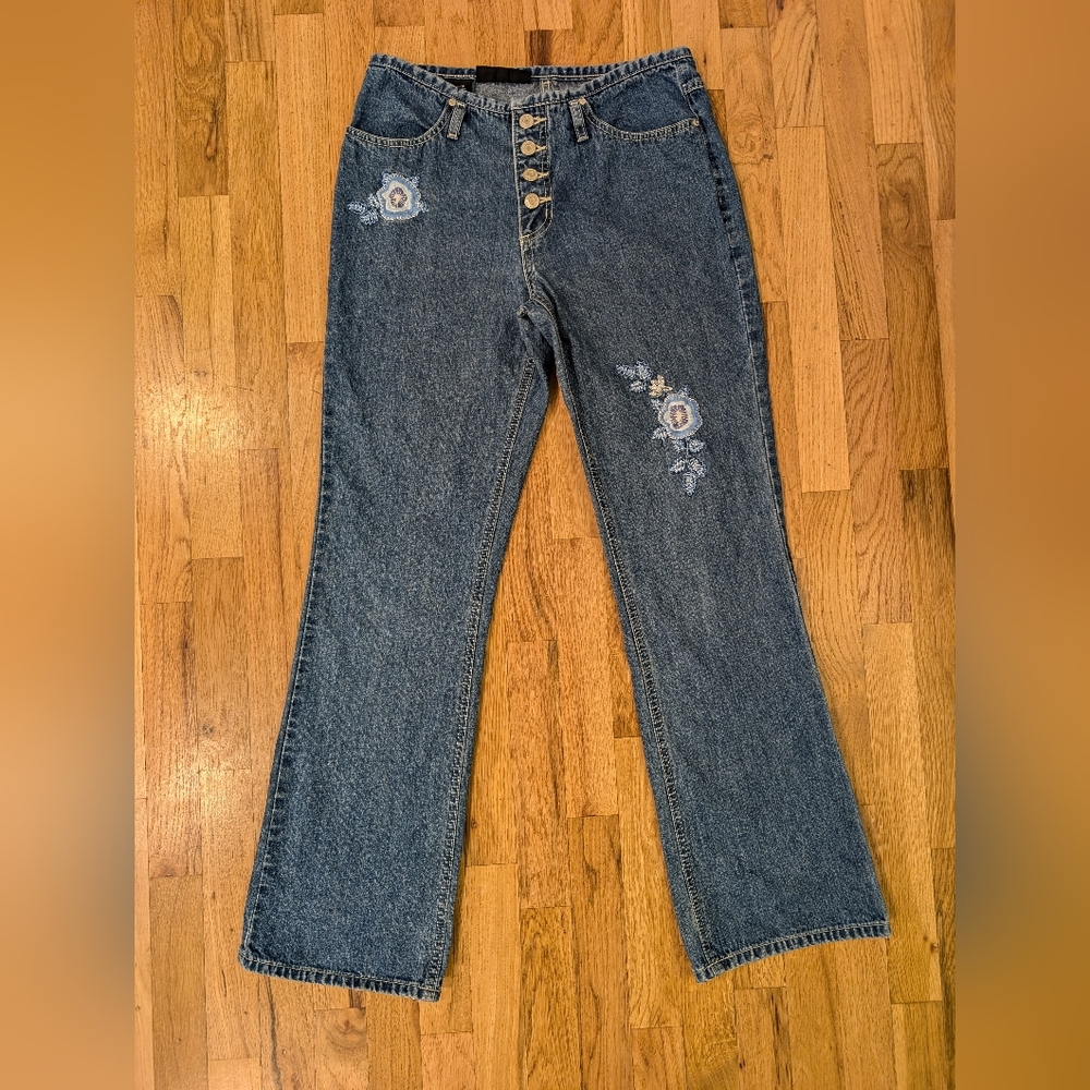 Vintage Y2K 90s No Boundaries Jeans Juniors 9 Mid Rise Embroidered Button Up